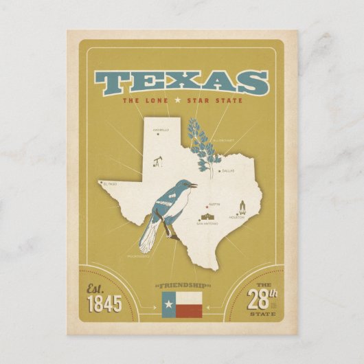 Postale Carte de l'État du Texas | L'État Étoile Unique (Devant)