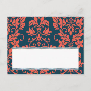 Postale Carte de lieu écrite Navy et Coral Mariage damassé