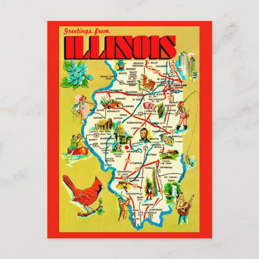 Postale Carte de l'Illinois illustrée colorée (Devant)