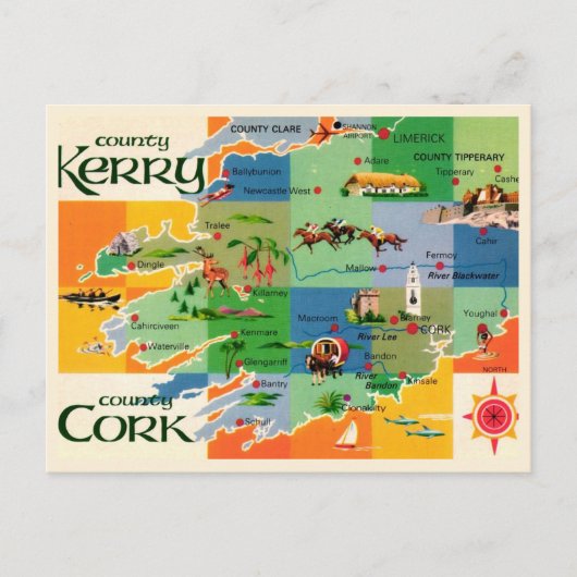 Postale Carte de l'Irlande, Kerry et Cork (Devant)