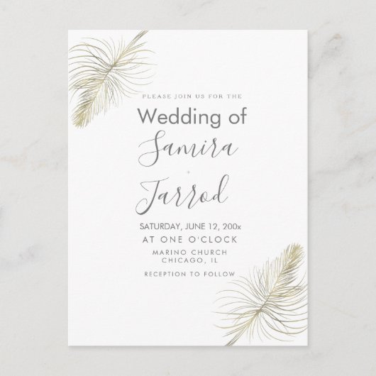 Postale Carte de mariage minimale à plumes dorées (Devant)