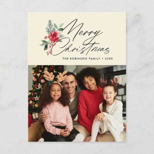 Postale carte de Noël à l'écriture noire botanique (Devant)