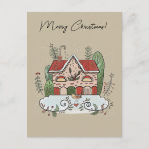 Postale Carte de Noël Maison en Pain d'Épice Oiseau Hiver