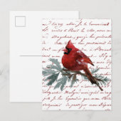 Postale Carte de Noël Oiseau Cardinal Rouge Écriture Franç (Devant / Derrière)