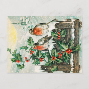 Postale Carte de Noël vintage avec rouges-gorges, houx, ég