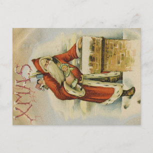 Postale Carte de Noël vintage, Père Noël, Cheminée