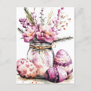 Postale Carte de Pâques à l'aquarelle avec œufs et fleurs