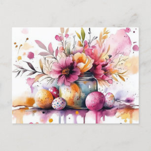 Postale Carte de Pâques à l'aquarelle avec œufs et fleurs