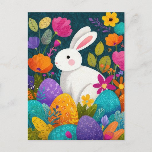 Postale Carte de Pâques avec Fleurs et Lapin de Pâques (Devant)