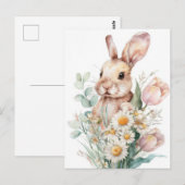 Postale Carte de Pâques avec Fleurs et Lapin de Pâques (Devant / Derrière)