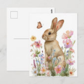 Postale Carte de Pâques avec Fleurs et Lapin de Pâques (Devant / Derrière)