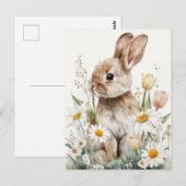 Postale Carte de Pâques avec Fleurs et Lapin de Pâques (Devant / Derrière)
