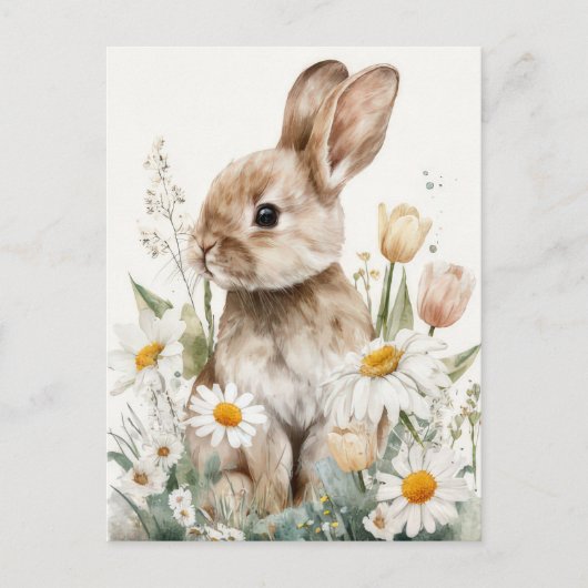 Postale Carte de Pâques avec Fleurs et Lapin de Pâques (Devant)