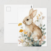 Postale Carte de Pâques avec fleurs et lapin de Pâques (Devant / Derrière)