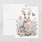 Postale Carte de Pâques avec fleurs et lapin de Pâques (Devant / Derrière)