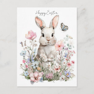 Postale Carte de Pâques avec fleurs et lapin de Pâques