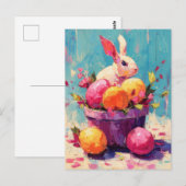 Postale Carte de Pâques avec Fleurs et Lapin de Pâques (Devant / Derrière)