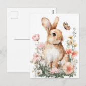 Postale Carte de Pâques avec fleurs et lapin de Pâques (Devant / Derrière)