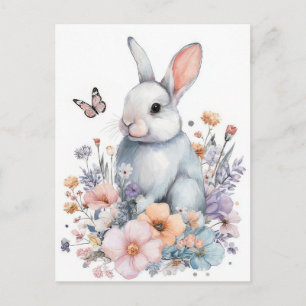 Postale Carte de Pâques avec fleurs et lapin de Pâques