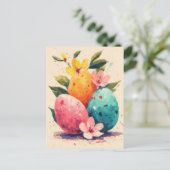 Postale Carte de Pâques avec fleurs et lapin de Pâques (Debout devant)