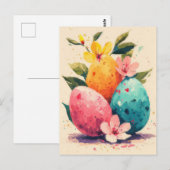 Postale Carte de Pâques avec fleurs et lapin de Pâques (Devant / Derrière)