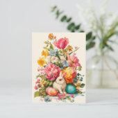 Postale Carte de Pâques avec fleurs et lapin de Pâques (Debout devant)