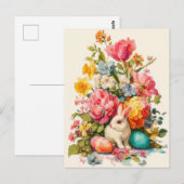 Postale Carte de Pâques avec fleurs et lapin de Pâques (Devant / Derrière)