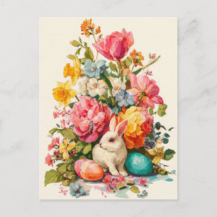 Postale Carte de Pâques avec fleurs et lapin de Pâques