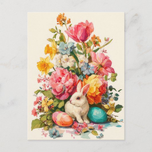 Postale Carte de Pâques avec fleurs et lapin de Pâques (Devant)