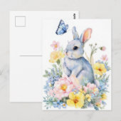 Postale Carte de Pâques avec Fleurs et Lapin de Pâques (Devant / Derrière)