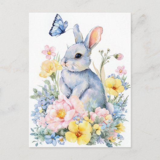 Postale Carte de Pâques avec Fleurs et Lapin de Pâques (Devant)