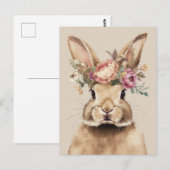 Postale Carte de Pâques avec fleurs et lapin de Pâques (Devant / Derrière)