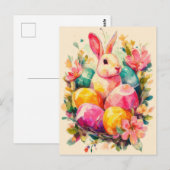 Postale Carte de Pâques avec fleurs et lapin de Pâques (Devant / Derrière)