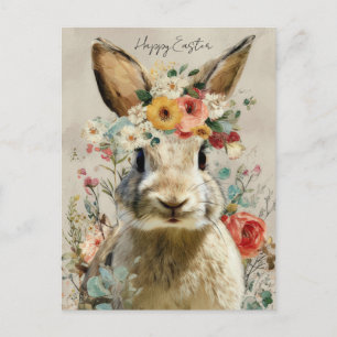 Postale Carte de Pâques avec Fleurs et Lapin de Pâques