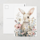 Postale Carte de Pâques avec fleurs et lapin de Pâques (Devant / Derrière)
