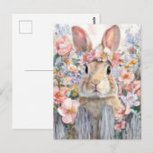 Postale Carte de Pâques avec fleurs et lapin de Pâques (Devant / Derrière)