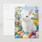 Postale Carte de Pâques avec fleurs et lapin de Pâques (Devant / Derrière)
