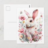 Postale Carte de Pâques avec fleurs et lapin de Pâques (Devant / Derrière)