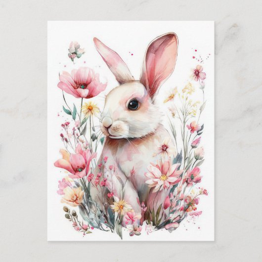 Postale Carte de Pâques avec fleurs et lapin de Pâques (Devant)