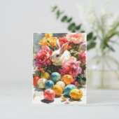Postale Carte de Pâques avec fleurs et lapin de Pâques (Debout devant)
