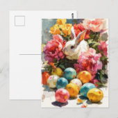 Postale Carte de Pâques avec fleurs et lapin de Pâques (Devant / Derrière)