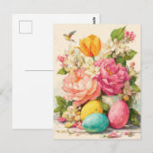 Postale Carte de Pâques avec Fleurs et Lapin de Pâques (Devant / Derrière)