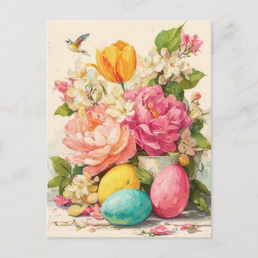 Postale Carte de Pâques avec Fleurs et Lapin de Pâques (Devant)