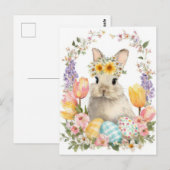 Postale Carte de Pâques avec Fleurs et Lapin de Pâques (Devant / Derrière)