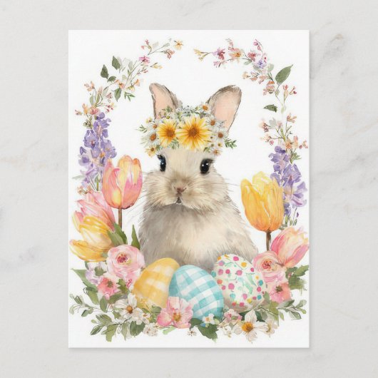 Postale Carte de Pâques avec Fleurs et Lapin de Pâques (Devant)