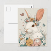 Postale Carte de Pâques avec fleurs et lapin de Pâques (Devant / Derrière)