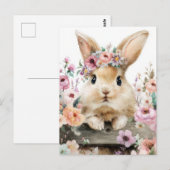 Postale Carte de Pâques avec fleurs et lapin de Pâques (Devant / Derrière)