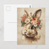 Postale Carte de Pâques avec fleurs et lapin de Pâques (Devant / Derrière)