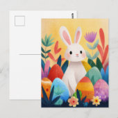 Postale Carte de Pâques avec fleurs et lapin de Pâques (Devant / Derrière)