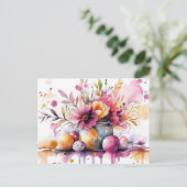 Postale Carte de Pâques avec œufs de Pâques et fleurs (Debout devant)